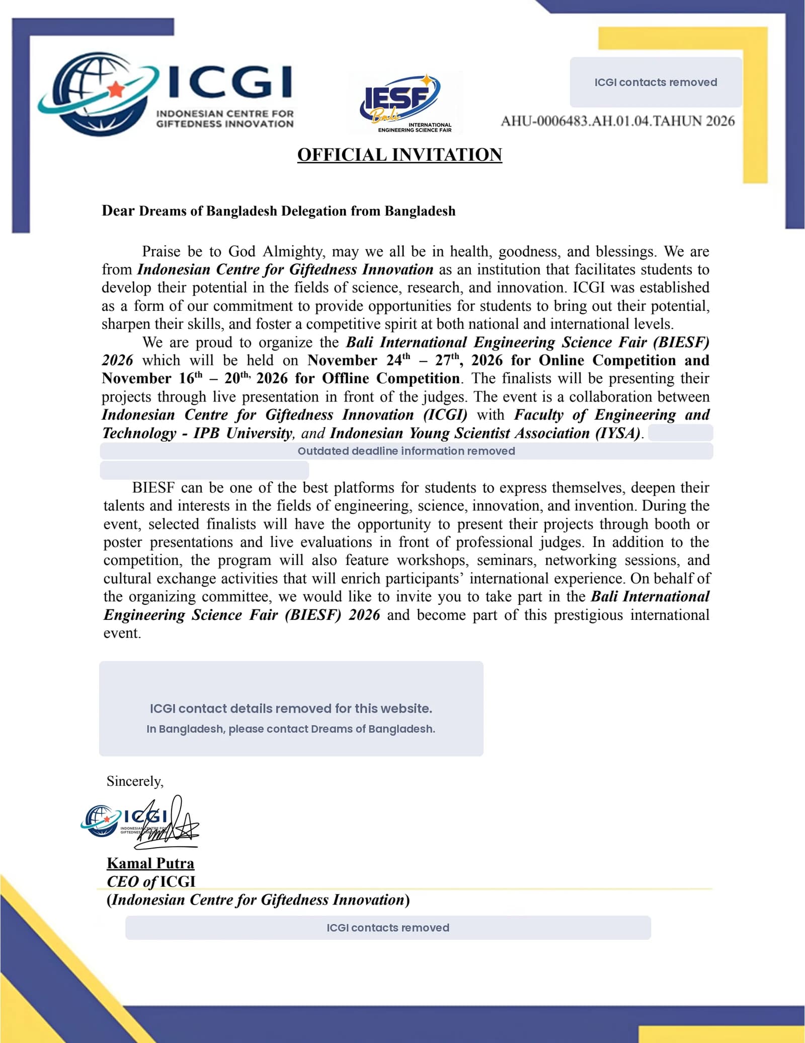 Official invitation letter from ICGI to the Dreams of Bangladesh delegation for BIESF 2026